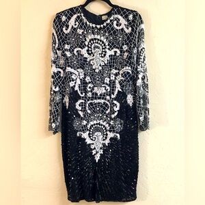 Miss Paillette Vintage Silk Sequined Beaded Dress Small Black Gala Formal Party